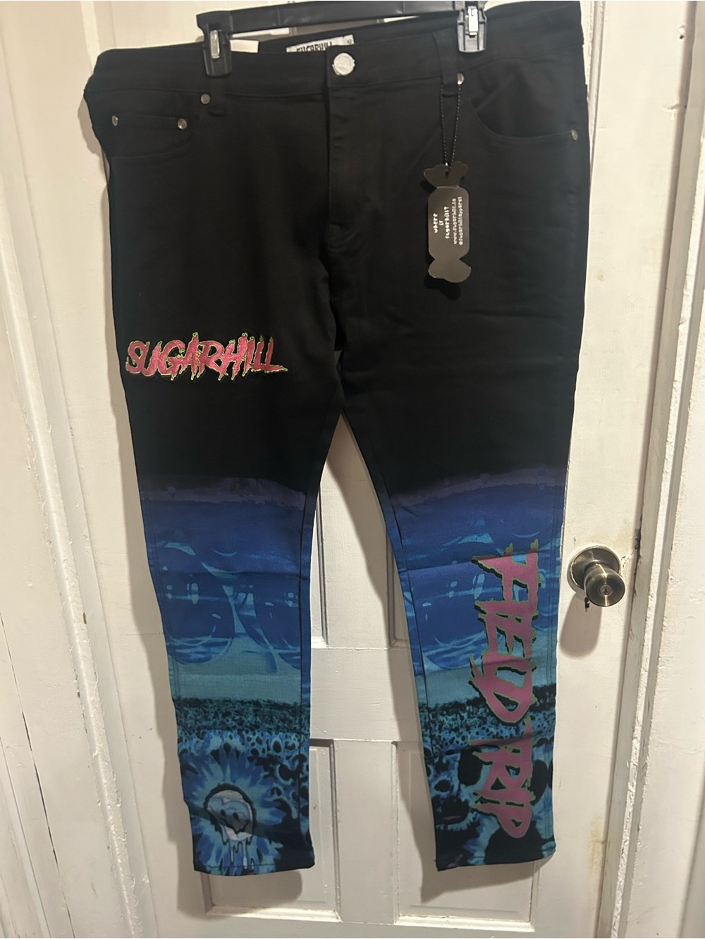Sugar Black Skinny Jeans with Blue Graphic Lower Legs